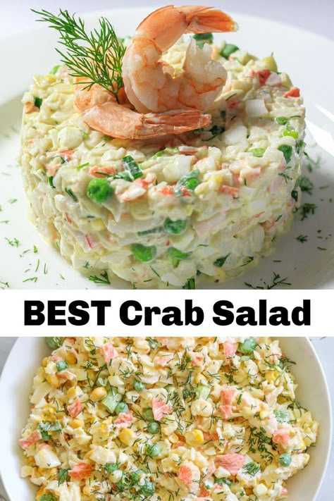 2 image collage of crab and shrimp salad Make Looks, Crab Pasta Salad, Salad With Shrimp, Crab Salad Recipe, Sea Food Salad Recipes, Crab Meat Recipes, Meat Salad, Salad Recipes Video, Crab Salad