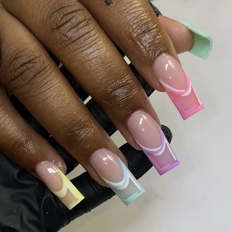 Spring French Tip Nails Square, Acrylic Nails On Black Women, Nail Designs On Black Women, Nail Designs For Black Women, Rainbow French Nails, Spring Nails Square, Rainbow Acrylic Nails, Rainbow French Tips, French Square Nails