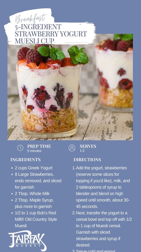 5-ingredient-strawberry-yogurt-muesli-cup-fairfax-market Overnight Muesli Recipe, Strawberry Greek Yogurt Overnight Oats, Muesli Cups, Muesli And Yogurt, Overnight Muesli, Muesli Breakfast, Granola Breakfast Ideas Yogurt Parfait, Muesli Cereal, Yogurt Breakfast