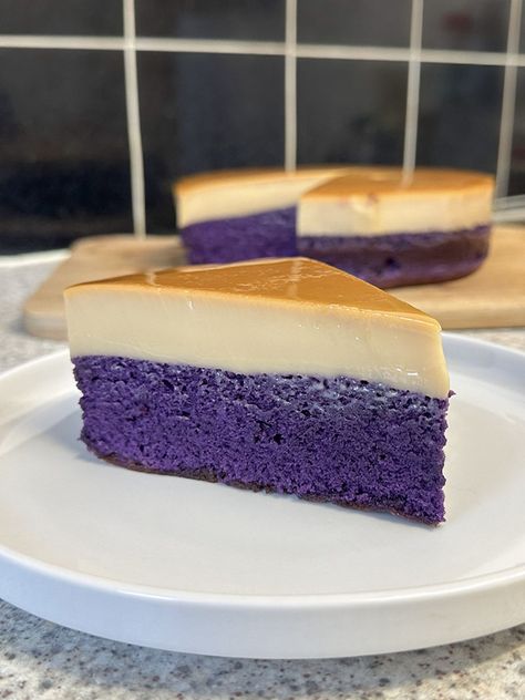 Ube Leche<br>Flan Cake Gluten Free Ube Cake, Ube Tres Leches Cake, Ube Tres Leches Cake Recipe, Ube Flan Cake, Ube Tres Leches, Ube Flan, Ube Dessert, Ube Desserts Recipes, Ube Tiramisu Recipes