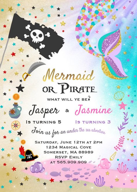 Mermaid And Pirate Party, Mermaids And Pirates, Mermaid And Pirate, Pirate Party Invitations, Sibling Birthday Parties, Mermaid Pirate Party, Combined Birthday Parties, Pirate Birthday Invitations, Pirates And Mermaids