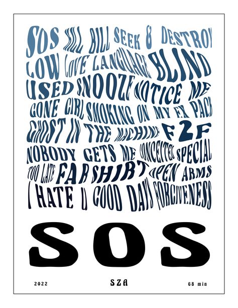 SOS wall poster made as a personal project - a series of my favorite music, made from the combination of songs featured on each album, from start to finish.

#SZA #SZAposter #SOS #SOSposter #SZAaesthetic #SZAart #SZAfanart #SOSalbumcover Sza Song Posters, Sza Poster Prints, Saturn Sza Album Cover, Room Music Posters, Sza Poster Aesthetic, Sza Lyrics Wallpaper, Sza Aesthetic Poster, Sos Album Poster, Cool Music Posters