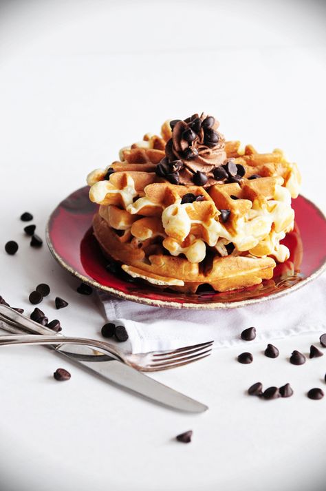 Belgian Cookie Dough Waffles by Dine & Dish Waffles With Chocolate, Cookie Dough Desserts, Chocolate Whipped Cream, Think Food, Breakfast Of Champions, Waffle Iron, Waffle Recipes, Meal Of The Day, Breakfast Treats