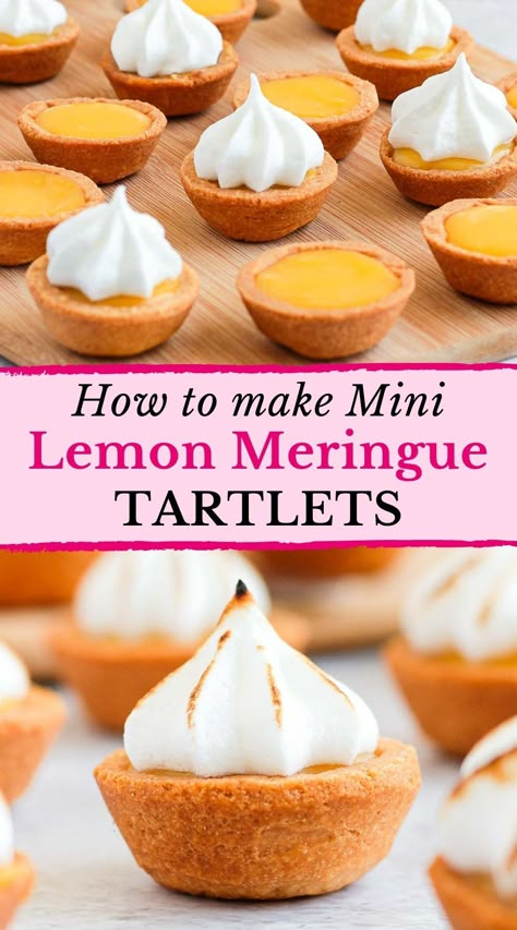 These easy Mini Lemon Meringue Tarts from scratch are delicious dessert bites that are great for parties and Holidays. These mini lemon meringue pies combine homemade pie crusts baked in a mini muffin tin, a tangy lemon curd filling and toasted french meringue topping. Mini Lemon Meringue Pie Recipe, Muffin Tin Lemon Meringue Pies, Individual Lemon Meringue Tarts, Mini Lemon Meringue Pies Easy, Lemon Meringue Tarts Mini, Mini Lemon Pies In Muffin Tin, Lemon Meringue Bites, Mini Lemon Curd Tarts, Lemon Tarts Mini Easy