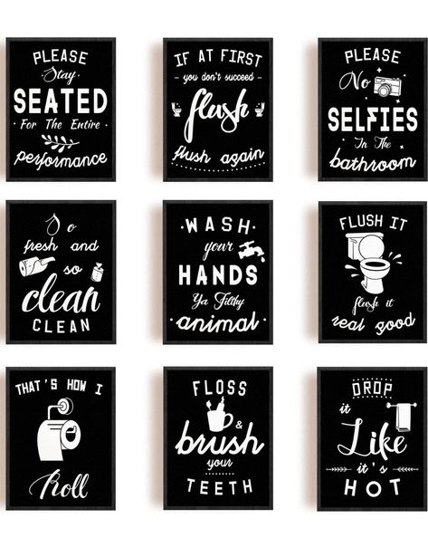 SUPERDANT 9 PCS Bathroom Canvas Prints Unframed Black & White Toilet Quotes and Saying Pictures Bathroom Wall Decor Decorative Modern Wall Art Painting for Restroom Toilet Bathroom Decor 25x20cm Bathroom Rules Sign, Bathroom Canvas Art, Black Bathroom Decor, Bathroom Canvas, Bathroom Rules, Creative Wall Decor, Toilet Wall, Bathroom Themes, Art Bathroom