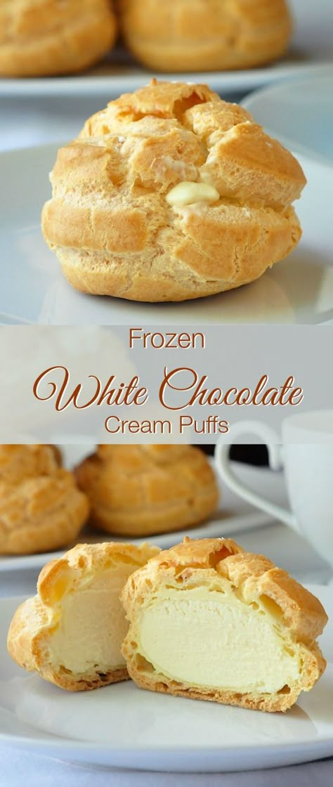 These white chocolate cream puffs are ideal to have on hand for last minute dessert when needed. The filling freezes to a silky white chocolate ice cream. Chocolate Cream Puffs, White Chocolate Ice Cream, Chocolate Cream Puff, White Chocolate Cream, Granitas, Cream Puff Recipe, Rock Recipes, Puff Recipe, Make Ahead Desserts