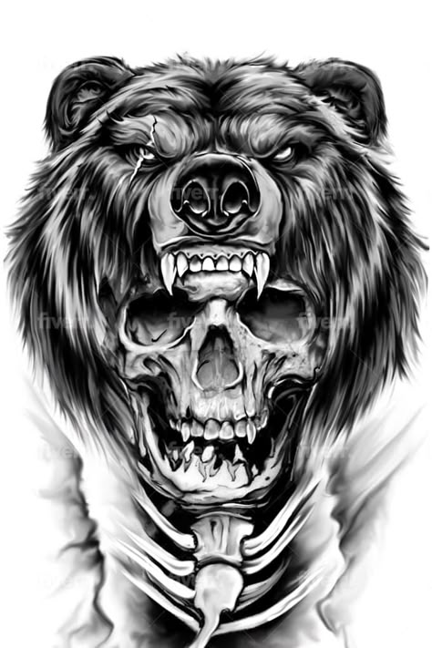 Alaskan Sleeve Tattoo, Bear And Skull Tattoo, Bear Wolf Tattoo, Bear Tattoo Stencil, Bear Skull Tattoo, Bear Tattoos For Men, Grizzly Bear Tattoos, Mouth Tattoo, Owl Tattoo Drawings