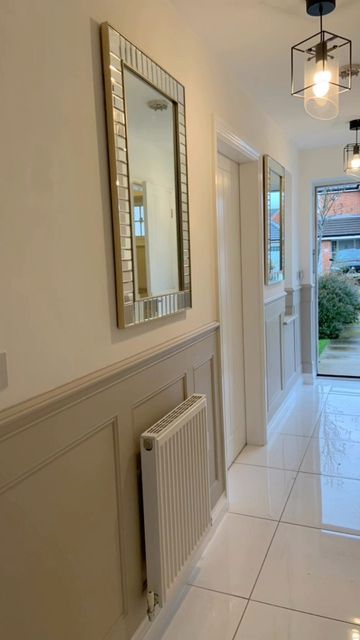 Hallway Panelling With Shelf, Farrow And Ball Elephants Breath Hallway, Panelled Hallway Colours, Elephants Breath Hallway, Hallway Panelling Colours, Neutral Hallway Ideas, Panelled Wallpaper, Panelled Hallway, Farrow And Ball Hallway