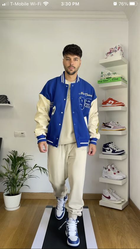 Navy Varsity Jacket For Winter Streetwear, Fitted Blue Varsity Jacket For Streetwear, Blue Varsity Sweater For Streetwear, Blue Collegiate Varsity Jacket For Streetwear, Blue Varsity Outerwear For Streetwear, Jordan Fits, Varsity Jacket Outfit, College Jackets, Jacket Outfits