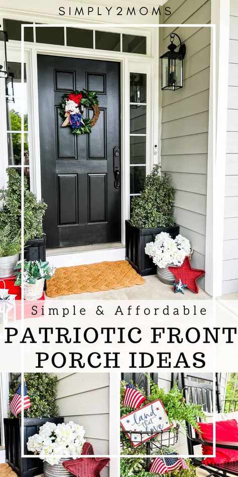 How to Easily Create an Amazing Patriotic Front Porch – Simply2moms Patriotic Front Porch Ideas, Memorial Day Porch Decor, Porch Lanterns Decor, Patriotic Porch Ideas, Patriotic Front Porch Decor, Front Porch Lanterns, Veterans Day Decorations, Patriotic Porch Decor, Patriotic Front Porch