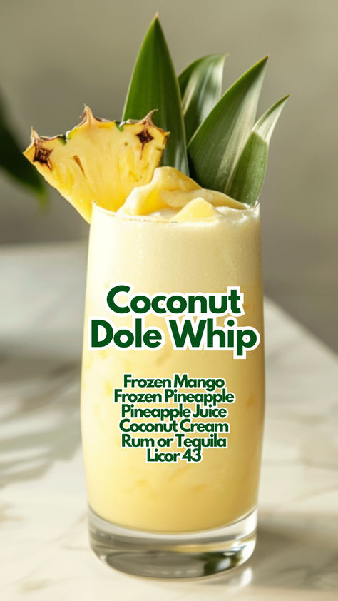 Coconut Dole Whip Coconut Alcoholic Drinks, Pineapple Cocktails, Coconut Cocktails, Cocktails Made With Rum, Cocktail Cards, Tropical Cocktails, Creamy Cocktails, Pretty Alcoholic Drinks, Drinks Recipe