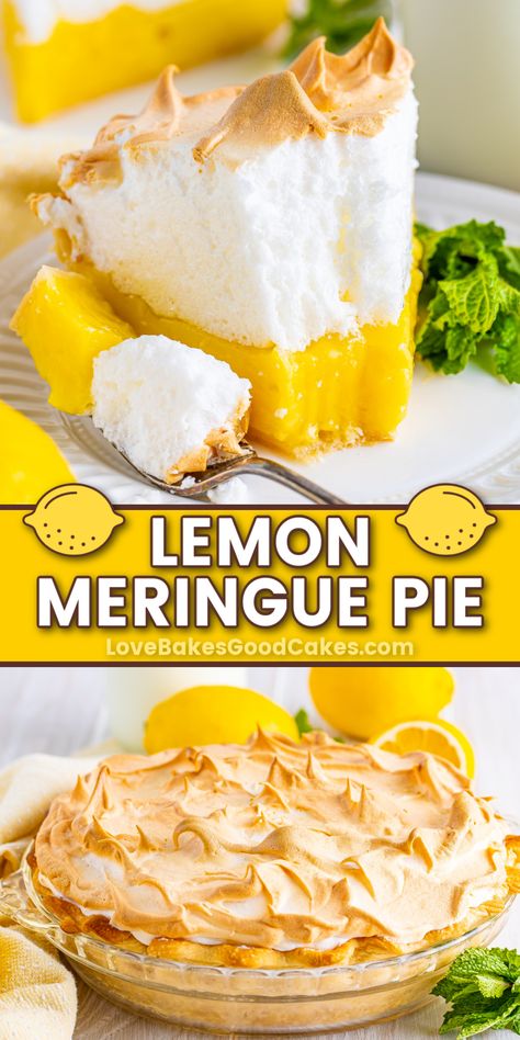 Lemon Meringue Pie pin collage Homemade Lemon Meringue Pie, Dessert List, Best Lemon Meringue Pie, Lemon Meringue Pie Recipe, Lemon Desserts Easy, Perfect Meringue, Chair Painting, Lemon Pie Recipe, Meringue Pie Recipes