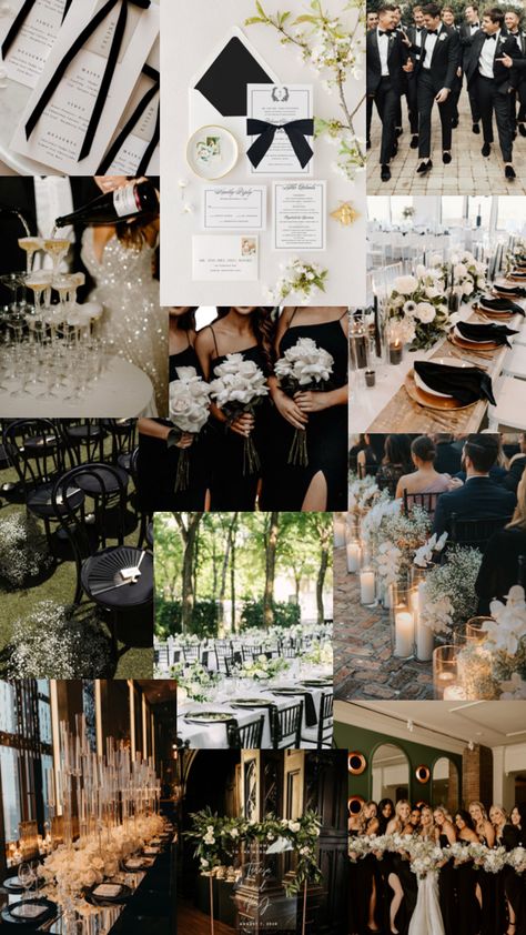 black tie wedding, classy, elegant, timeless Wedding Black Tie Theme, Black White And Gold Winter Wedding, Neutral And Black Wedding Colors, Black And White Wedding Accent Color, Black Tie New Years Eve Wedding, Neutral Black Wedding, Black And White Color Scheme Wedding, December Wedding Black And White, Vintage Glamour Wedding Aesthetic