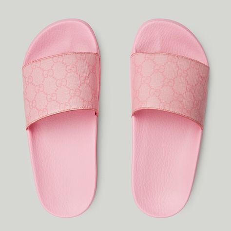 Shop the Women's GG slide sandal in pink at GUCCI.COM. Enjoy Free Shipping and Complimentary Gift Wrapping. Pink Gucci Slides, Gucci Slides, Designer Slides, Slides For Women, Gucci Tote, Monogram Design, Dream Shoes, Beauty Items, Thong Sandals