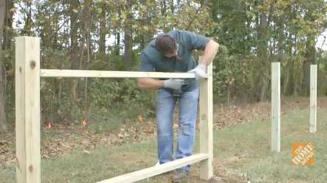 How to properly set fence posts and build a rail and picket fence. Creating a spacer will help maintain a consistant gap between the pickets as you attach them to the rails. Livestock Fence, Pipe Fence, Country Cottage Garden, Landscape Curbing, Split Rail Fence, Fencing & Gates, Diy Fence, Building A Fence, Rail Fence