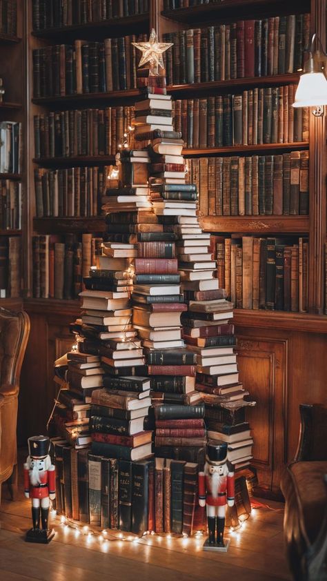 Stacked book Christmas tree with lights and star in a cozy library setting Christmas Tree In Library, Library Decorations For Christmas, Books In Winter Aesthetic, Book Christmas Tree Stacked, Grouped Christmas Trees, Innovative Christmas Tree, Book Aesthetic Christmas, Christmas Tree Of Books, Instead Of A Christmas Tree