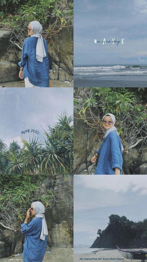 Style Pantai Hijab, Pose Foto Di Pantai Hijab, Ootd Pantai Hijab Simple, Foto Ootd, Beach Pictures Poses, Style Hijab, Instagram Photo Ideas Posts, Creative Instagram Photo Ideas, Trik Fotografi