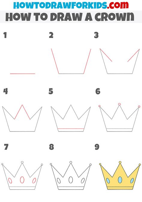 How to Draw a Crown - Easy Drawing Tutorial For Kids How To Draw A Tiara, Crown Step By Step Drawing, Crown Drawing Tutorial, How To Draw A Crown On A Head, How To Draw A Crown Step By Step, Crown Drawing Simple, How To Draw A Crown, Draw Crown Easy, Crown Drawing Easy