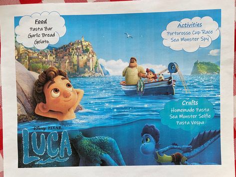 Luca movie night Menu Luca Themed Dinner, Disney Movie Night Menu Lilo And Stitch, Luca Movie Night, Disney Movie Night Menu Luca, Disney Movie Night Menu Enchanted, Luca Scenes, Luca Movie, Movie Dinner, Christmas Cupcakes Recipes