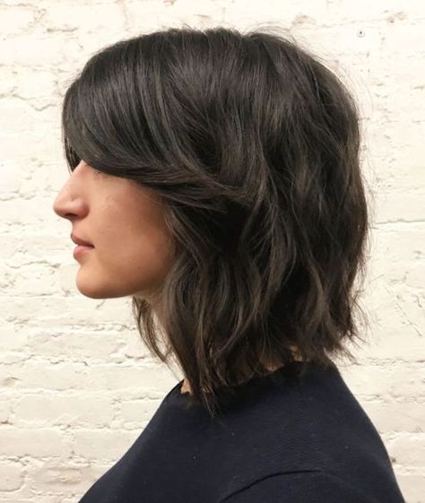 Wavy Collarbone Bob With Swoopy Bangs Wavy Bob Long, Classic Bob Hairstyle, A Line Bob, Line Bob Haircut, Asymmetrical Bob Haircuts, Brunette Bob, Bob Hairstyles With Bangs, Wavy Bob Hairstyles, Wavy Bob