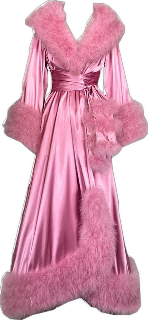 Long Night Gowns For Women, Long Nightgowns For Women, Pink Robe Aesthetic, Cute Pink Sleepwear, Night Robe Aesthetic, Fluffy Nightgown, Pink Fur Robe, 2000s Sleepwear, Pink Feather Robe