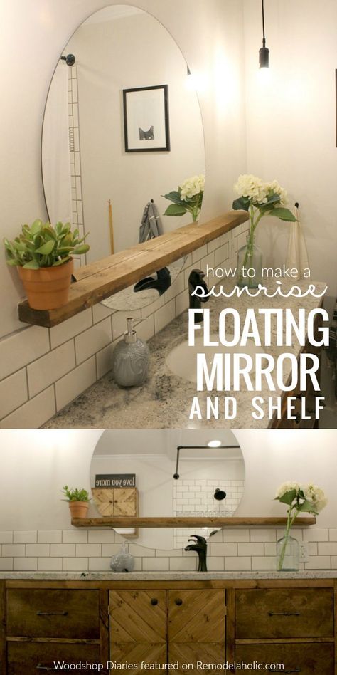 Give an inexpensive basic round mirror a modern update with this DIY sunrise floating mirror and shelf -- perfect for a bathroom vanity, but great for an entryway, too. Tutorial from Woodshop Diaries on Remodelaholic.com Floating Mirror, Bad Inspiration, Room Shelves, Mirror With Shelf, Diy Bathroom Decor, Trendy Bathroom, Makeover Ideas, Bath Room, Diy Mirror