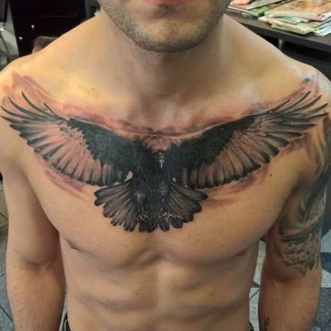 Bird Chest Tattoo Men, Crow Tattoo Chest, Raven Tattoo Chest, Crow Chest Tattoo, Raven Chest Tattoo, Bird Chest Tattoo, Mockingjay Tattoo, Crow Tattoo For Men, Chest Tattoo Birds