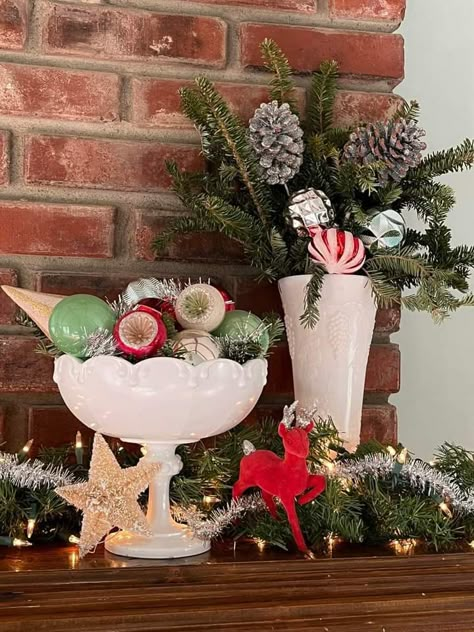 Displaying Milk Glass Ideas, Milk Glass Centerpiece Christmas, Milk Glass Vases Decor, Christmas Milk Glass Decor, Decorating With Milk Glass Ideas Christmas, Milk Glass Christmas, Vintage Scale Christmas Decor, Milk Glass Christmas Decor, Milk Glass Christmas Decor Holidays