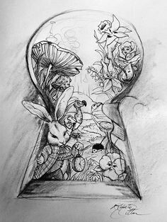 Alice in wonderland key hole tattoo idea Alice In Wonderland Flowers, Hipster Drawings, Alice In Wonderland Drawings, Kunst Tattoos, Wonderland Tattoo, Cool Pencil Drawings, Desenho Tattoo, Mermaid Tails, Tattoo Life