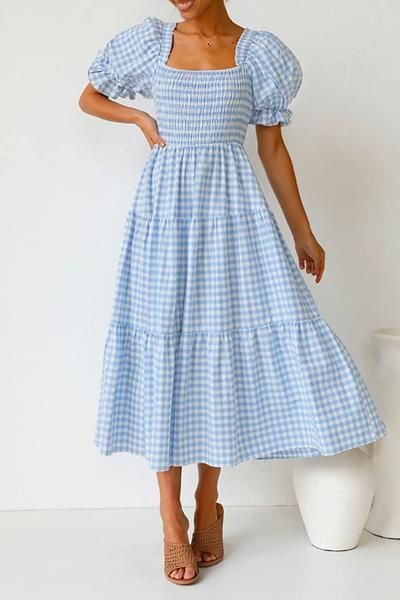 Beach Midi Dress, Long Flowy Skirt, Summer Plaid, Aesthetic Dress, Bohemian Summer, Ruffle Midi Dress, Essential Dress, Puffed Sleeves Dress, Gingham Dress