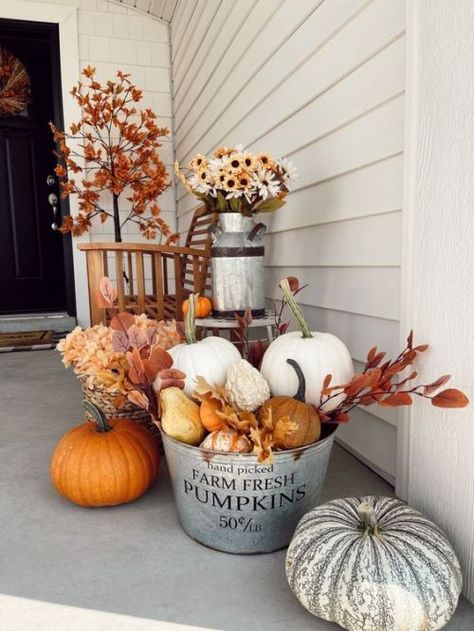 Large Front Porch Fall Decorating Ideas, Washtub Fall Decor Ideas, Fall Farmers Porch Decor, Fall Decorations For Front Porch Ideas, Cute Fall Front Porch Ideas, Fall 2023 Porch Decor, Fall Porch Rocking Chair Decor, Bench Fall Decor Outdoor, Fall Decore Idea Front Porch