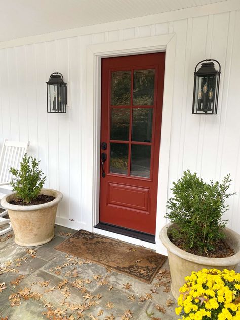 Red Door White House, Red Front Door White House, Farmhouse With Red Door, Red Exterior Doors, Red Front Door Paint Color, Red Doors On Houses, White House Red Door, Front Door With Windows, Popular Front Door Colors