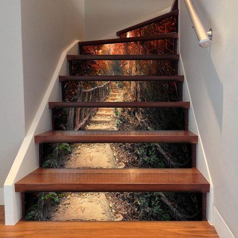 3d Stairs Design, Galaxy Staircase, Tree Wall Painting Stairs, Decal Wallpaper, Container Home Designs, Wood Path, Floor Wood, Stair Art, Stairs Renovation