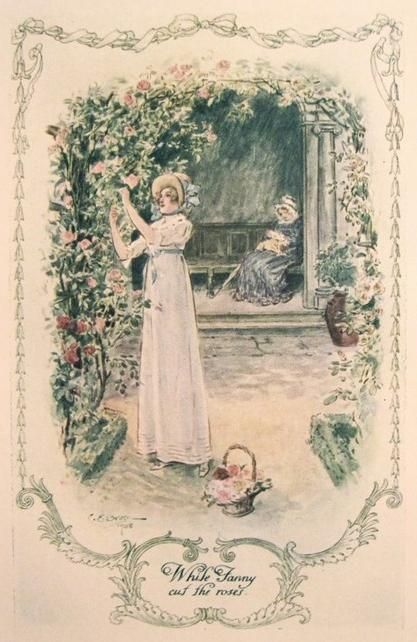 Fanny Price in the Rose Garden, C.E. Brock illustration Jane Austen Mansfield Park, Images Victoriennes, Old Posters, Jane Austen Novels, Mansfield Park, Jane Austin, Jane Austen Books, Main Theme, Pride And Prejudice