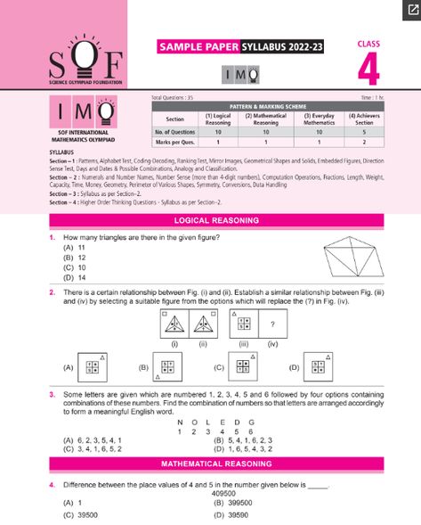 Class 4 IMO Maths Olympiad Official sample question paper Olympiad Maths Worksheets For Class 1, Olympiad Exam Class 1 Maths, Class 4 Maths Worksheet, Math Olympiad Problems, Class 4 Maths, Class 1 Maths, Olympiad Exam, Mental Maths Worksheets, Mental Maths