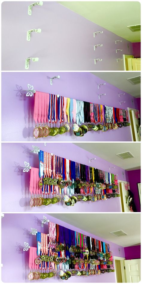 How to display sports medals easy and inexpensive.                                                                                                                                                     More Trophy And Medal Display Ideas, Organizer Ideas Bedroom, Medal Display Ideas, Medal Organizer, Gymnastics Medal Display, Sports Medal Display, Medals Display, Gymnastics Medals, Running Medal Display