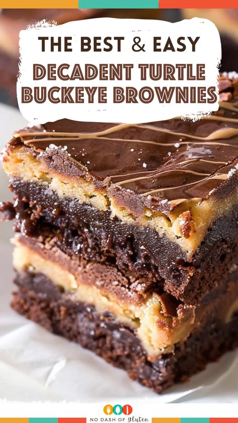 Decadent Turtle Buckeye Brownies Box Mix Brownies Ideas, Chocolate Peanut Butter Brownies Easy, Buckeye Dessert, Caramel Pecans, Buckeye Brownies, Turtle Brownies, Ultimate Brownies, Chocolate Peanut Butter Brownies, Chocolate Peanut Butter Desserts