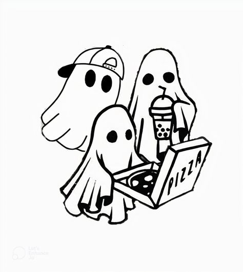 3 Ghosts Tattoo, Ghost Party Drawing, Horror Doodles Easy, Cartoon Ghost Drawing, Spooky Drawings Easy, Spooky Doodles Easy, Cute Ghost Tattoo Ideas, Ghost Line Art, Ghost Flash Tattoo