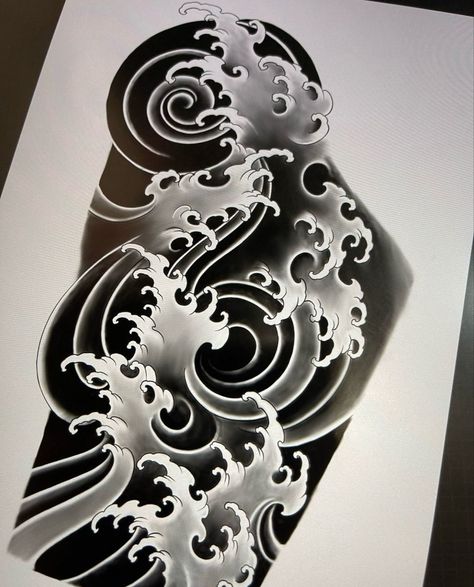 Japanese Background Tattoo Design, Japan Wave Tattoo, Water Tattoo Design, Tsunami Tattoo, Japanese Wave Tattoo, Japanese Water Tattoo, Brazilian Tattoo, Daruma Doll Tattoo, Japanese Wave Tattoos