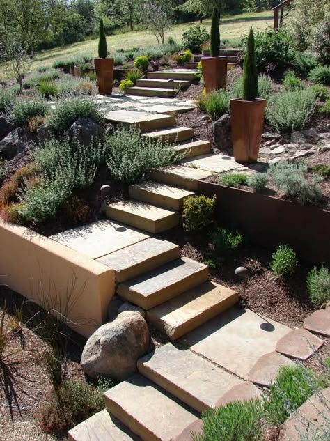 Form meets function in landscape steps made from diverse materials. Mediterranean Palette, Slope Landscaping, Landscape Steps, Land Design, Italian Cypress, Landscaping Retaining Walls, Small Front Yard Landscaping, Front Yard Landscape, Garden Stairs