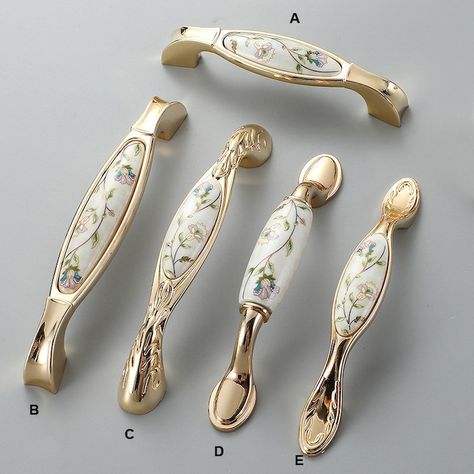 5 3.75 Gold Ceramic Drawer Pull Decorative Dresser Drawer Handles WMLS363 - Etsy Room Decor Office, Antique Gold Decor, Vintage Dresser Knobs, Gold Hardware Dresser, Diy Drawer Handles, Dresser Hardware Ideas Drawer Pulls, Cabinet Handle Ideas, Brass Hardware Kitchen, Bathroom Vanity Hardware