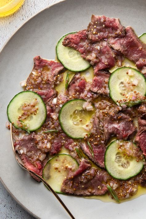 A cold and refreshing flank steak salad with a punchy yuzu-mustard vinaigrette is the perfect lean and clean, high protein lunch or light dinner. This steak recipe is gluten-free and paleo. | thefrayedapron.com #paleorecipes #steakrecipes #cleaneating Flank Steak Salad, High Protein Lunch, Salad With Cucumber, Steak Pasta, Leftover Steak, Mustard Vinaigrette, Protein Lunch, Seasonal Salad, Lean Meals