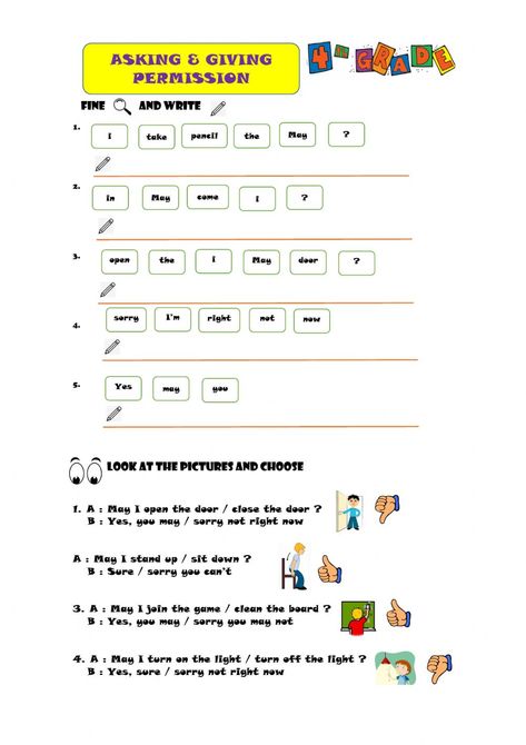 Asking for permission online worksheet for 4. You can do the exercises online or download the worksheet as pdf. Asking For Permission Worksheet, May Worksheets, English Primary School, English Worksheet, English As A Second Language (esl), Classroom Rules, English Teaching, English As A Second Language, Handmade Things