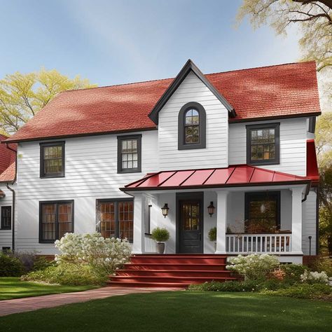 3+ Fresh Red Roof House Color Schemes for a Stunning Look • 333+ Images • [ArtFacade] Red Roof House Exterior Colors, Red Roof White House Black Trim, Red Roof White House, White House Red Roofs, Red Roof Farmhouse, Red Roof Exterior Paint Colors, Maroon Roof House Colors, Exterior Paint Colors For House With Red Roof, House With Red Metal Roof