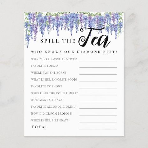 Purple Floral Spill the Tea Bridal Shower Game for $1.15 - Bridal Shower Invitations Bridgerton Bridal Shower Theme, Purple Bridal Shower Ideas, Bridgerton Bachelorette, Bridgerton Bridal Shower Ideas, Tea Party Bridal Shower Decorations, Bachelorette Dinner, Bridal Shower Tea Party Theme, Planning 2024, Bridgerton Theme