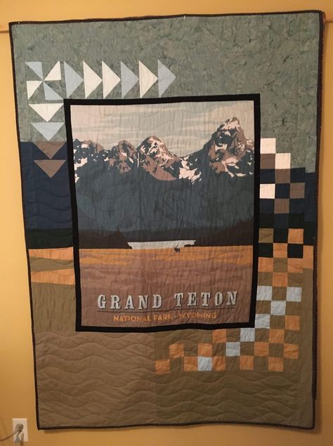 National Parks Panel Quilt Ideas, National Park Panel Quilts, Yellowstone Quilts, Yellowstone Quilt, Quilt Panel Border Ideas, National Parks Quilt, National Park Quilt, National Park Quilt Blocks, Mountain Quilt Block