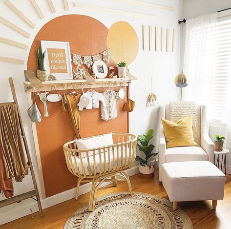 Boho Gold Nursery, Boho Rainbow Nursery Theme, Light Nursery Paint Colors, Earth Tone Nursery Paint Colors, Terracota Nursery Ideas, Yellow And Brown Nursery, Orange Boho Nursery, Rust Gender Neutral Nursery, 70s Themed Nursery