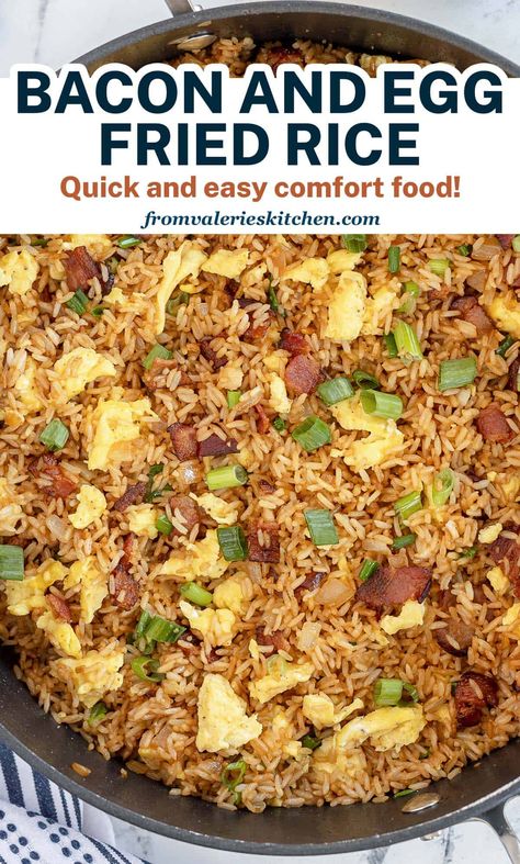 The classic flavors of bacon and eggs quickly stir-fried with rice, onions and soy sauce. This quick and easy Bacon and Egg Fried Rice recipe is delicious any time of day or night! Bacon Egg Fried Rice, Fried Rice Bacon, Rice With Bacon And Onion, Bacon And Egg Fried Rice Recipe, Breakfast Fried Rice Sausage, Fried Rice With Bacon And Egg, Rice And Egg Recipe Dinners, Bacon And Rice Recipes, Bacon Fried Rice Recipe Easy