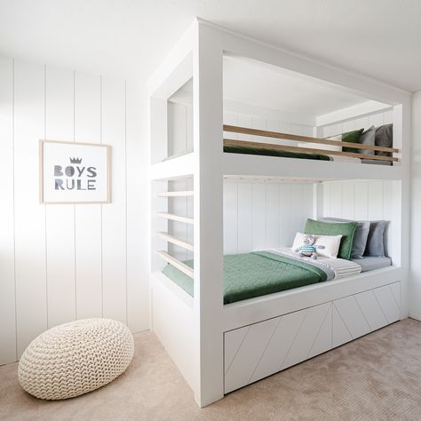 Shiplap Bunk Beds Built Ins, Built In Bunk Beds High Ceiling, Diy Bunk Bed With Trundle, Twin Over Twin Bunk Bed Diy, Built In Bunk Bed Hack, Diy Loft Bed Built Into Wall, How To Build Bunk Beds Diy, Diy Twin Bunk Beds How To Build, Built In Bunk Beds With Trundle