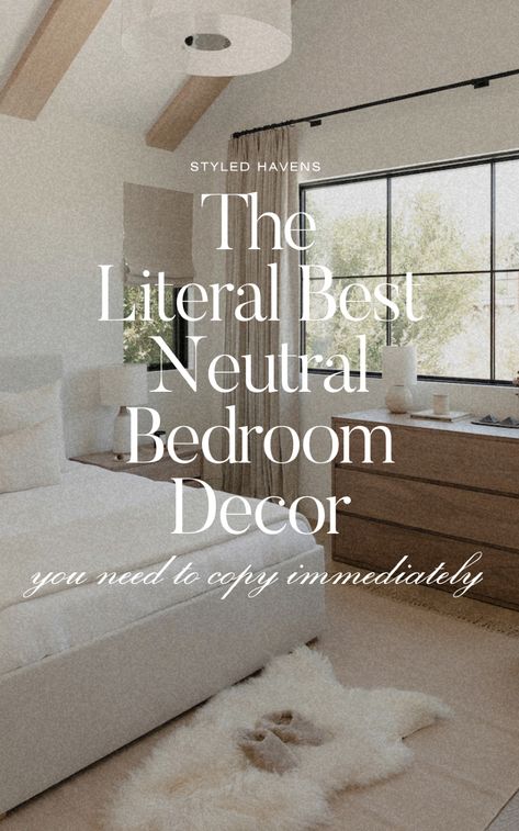 Looking for pretty neutral bedroom decor & modern neutral bedroom ideas?? Transform your space with these simple & stylish neutral bedroom decor ideas! Whether you have a more minimalist bedroom style, or are going for the ultimate cozy bedroom design - this hand-picked neutral bedroom decor inspo works for so many different spaces! Neutral Trendy Bedroom, Modern Mediterranean Decor Bedroom, Where To Hang Sconces In Bedroom, Like Wash Bedroom, Minimalist Beach Bedroom, Art Above Nightstand, Light Academia Bedroom Aesthetic, Bedroom Ideas White Walls, Minimalist Guest Bedroom